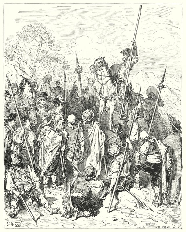Don Quixote: "According to the laws of arms, you really injure yourselves, in thinking yourselves affronted" (engraving) by Gustave Dore