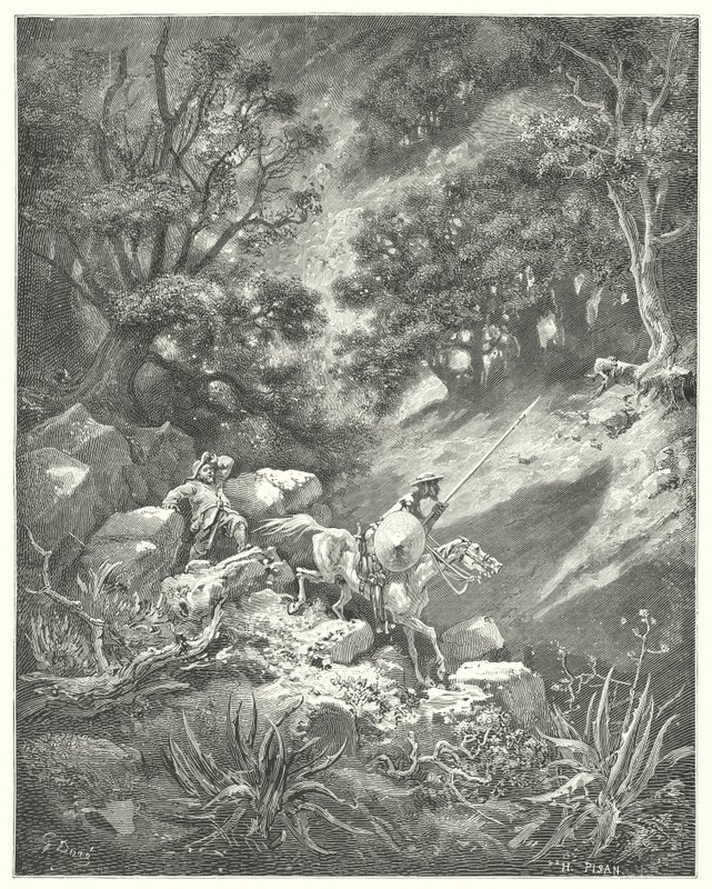 But pray, sir, quoth Sancho, is it a good law of chivalry that says we shall wander up and down, over bushes and briars, in this rocky wilderness? by Gustave Dore