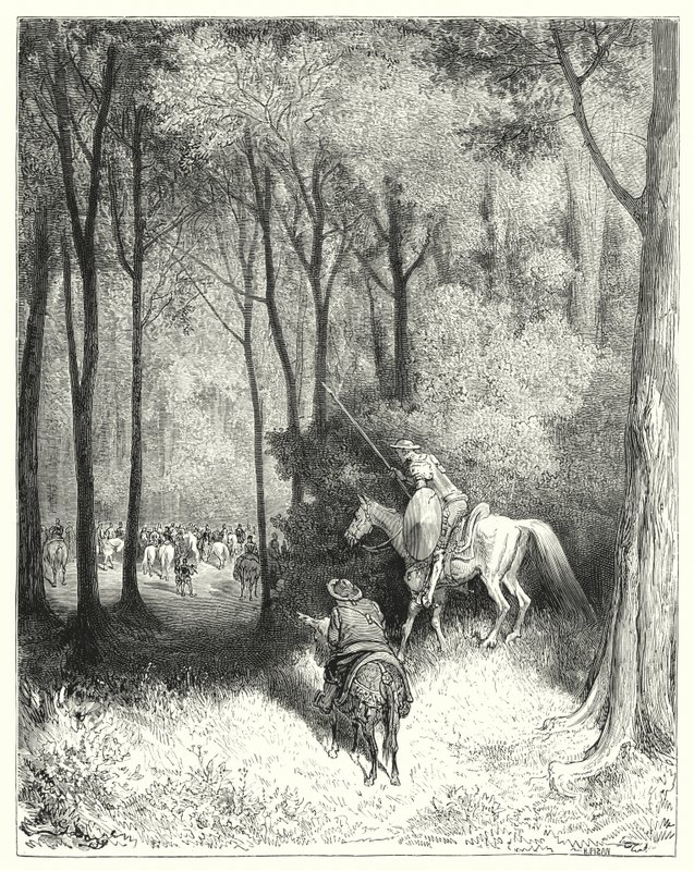 Don Quixote descried a company, whom, upon a nearer view, he judged to be persons of quality by Gustave Dore