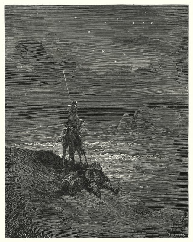 Don Quixote: "Don Quixote stayed there, waiting the approach of day" (engraving) by Gustave Dore