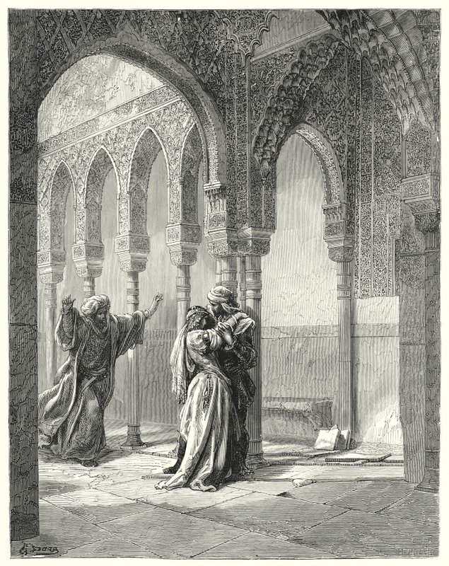 Don Quixote: "Her father came hastily to us, and, seeing his daughter in this condition, asked her what was the matter" (engraving) by Gustave Dore