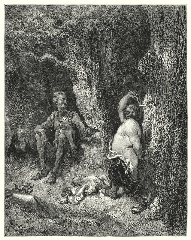 Hold! cried he; friend Sancho, stay the fury of thy arm by Gustave Dore