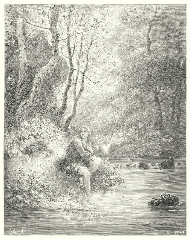 Don Quixote: "They spied a youth in a country habit, sitting at the foot of a rock behind an ash-tree" (engraving) by Gustave Dore