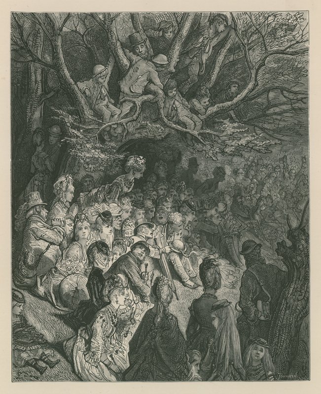 Spectators watching a boat race from a riverbank by Gustave Dore