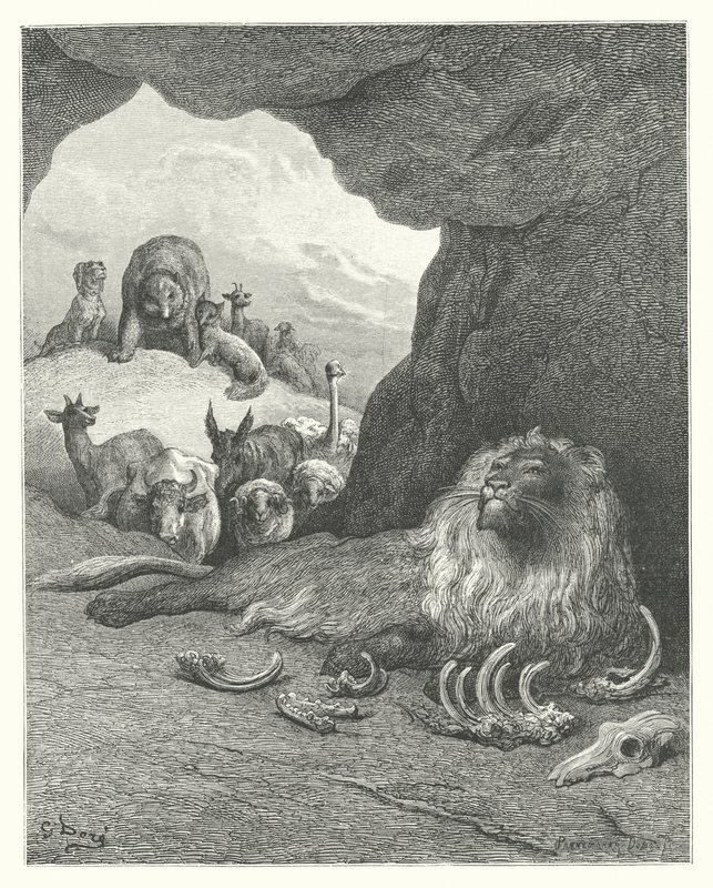 The Fables of La Fontaine: The Sick Lion and the Fox by Gustave Dore