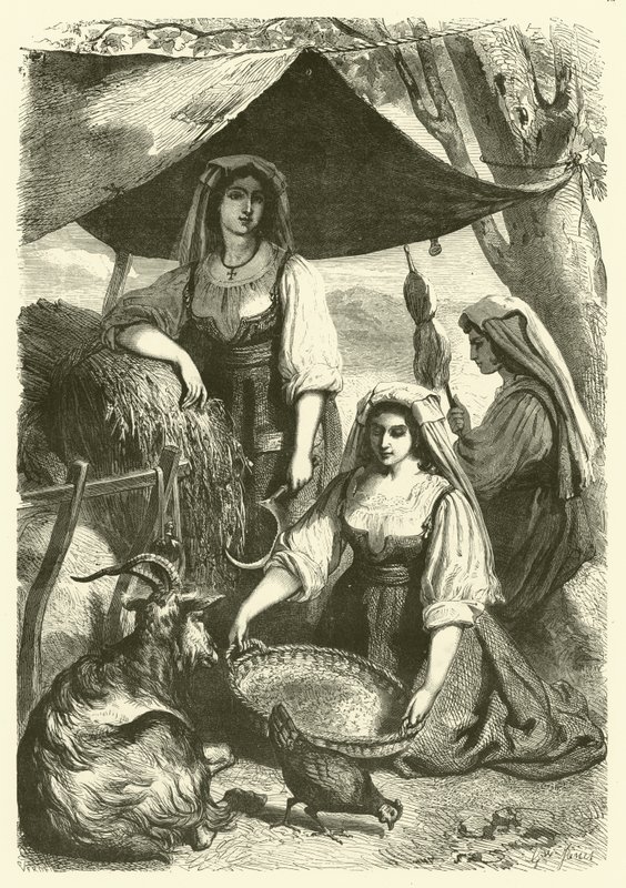 Women selling hay to carters at the roadside, Italy by Gustave Janet