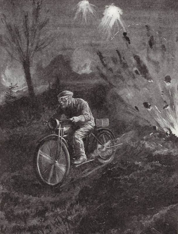 Lance-Corporal C C Parrott carrying messages on his motor-bicycle along roads swept by shellfire, World War I by H. Ripperger
