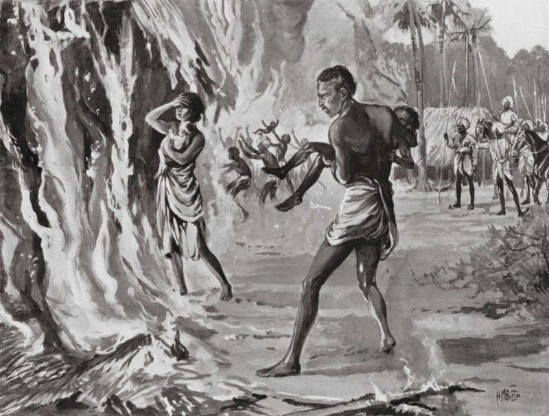 Villagers burning Themselves to avoid the Pindharis by H. M. (after) Burton