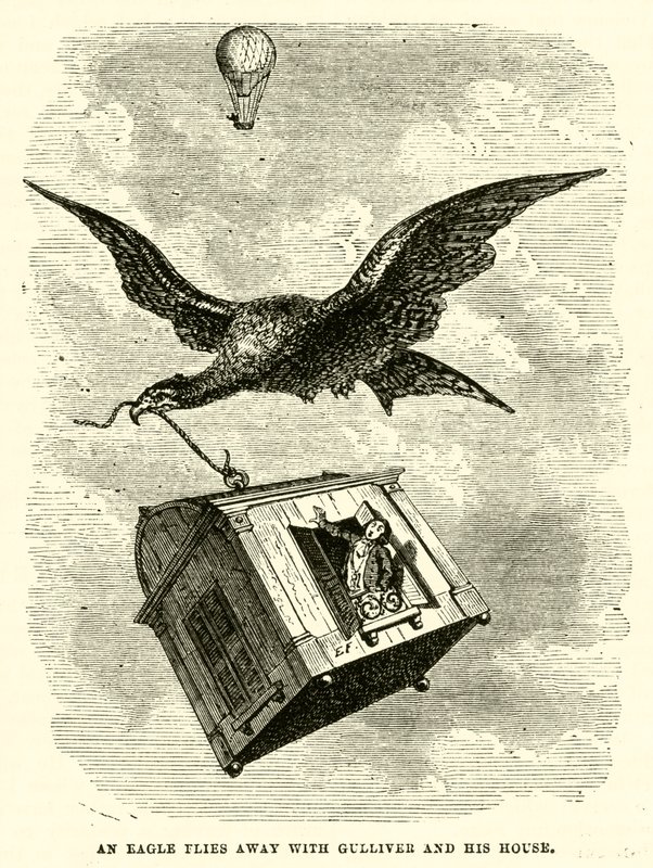 An eagle flies away with Gulliver and his house by after Hablot Knight Browne
