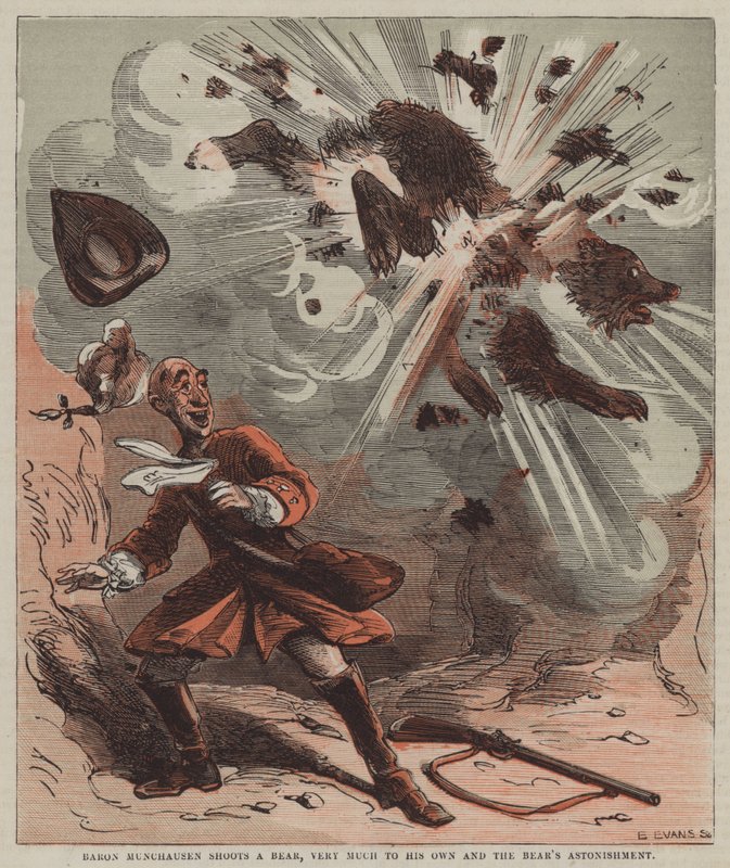 Baron Munchausen shoots a bear, very much to his own and the bear