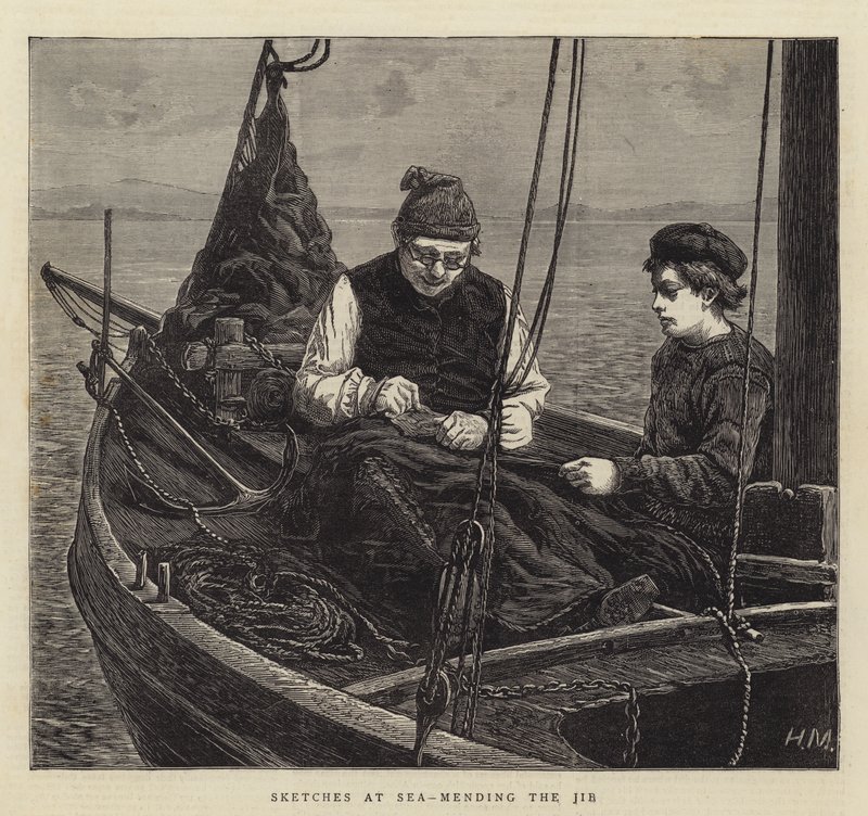 Sketches at Sea, Mending the Jib by Hamilton Macallum