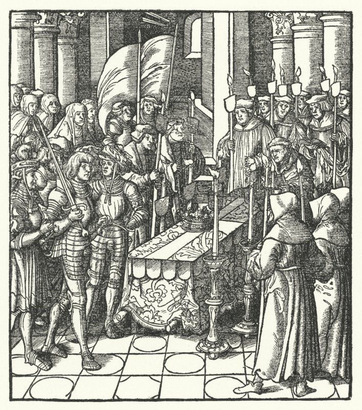 King Louis XII of France beside the coffin of his predecessor, King Charles VIII by Hans (after) Burgkmair