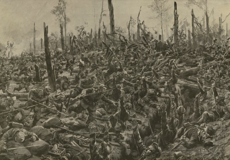 German attack on French blockhouses and trenches in the Bois-le-Pretre after the artillery bombardment of 5 July 1915 by Hans W. (after) Schmidt