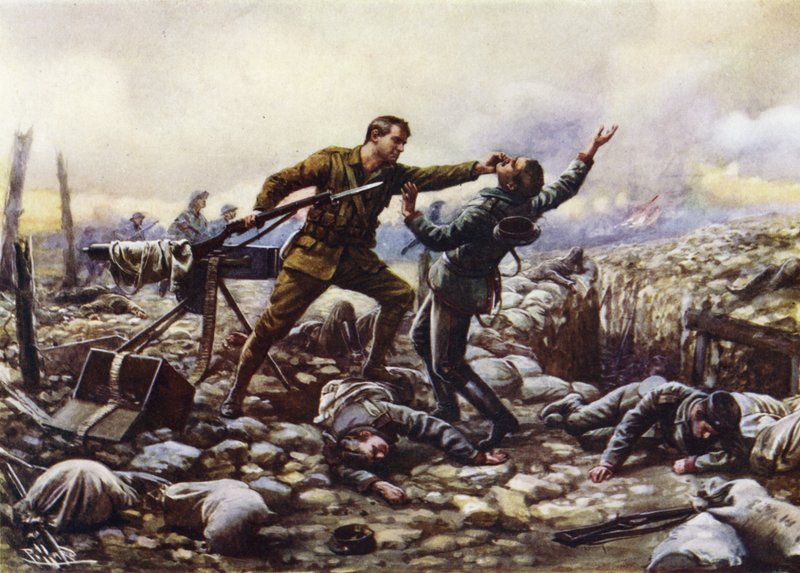Private J Boyd, of the Irish Guards, capturing a German machine-gun single-handed, World War I by Harold Hume Piffard