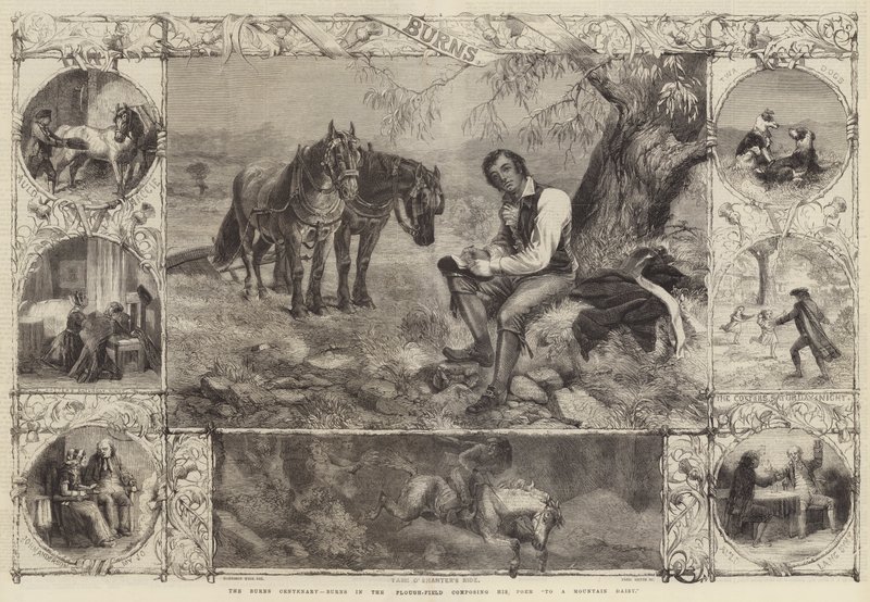 The Burns Centenary, Burns in the Plough-Field Composing his Poem To A Mountain Daisy by Harrison William Weir
