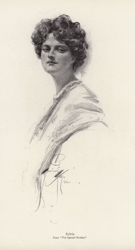 A character, Sylvia, from the novel, The Opened Shutters, by Clara Louise Burnham by Harrison Fisher