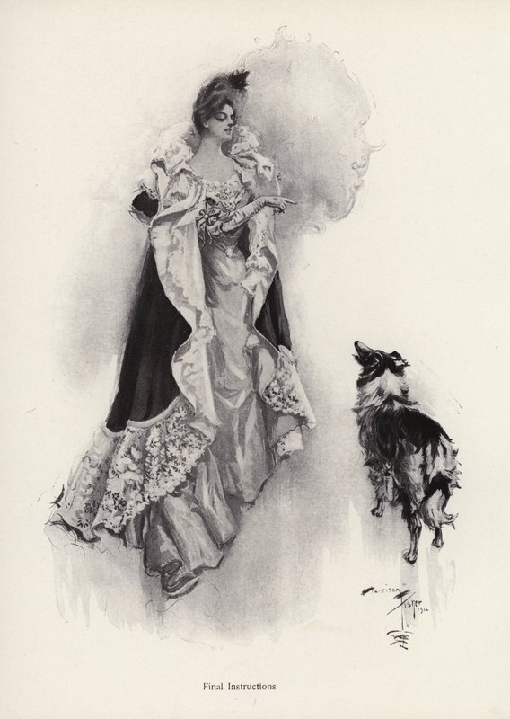 A young woman going out for the evening and bidding her dog to obey instructions by Harrison Fisher