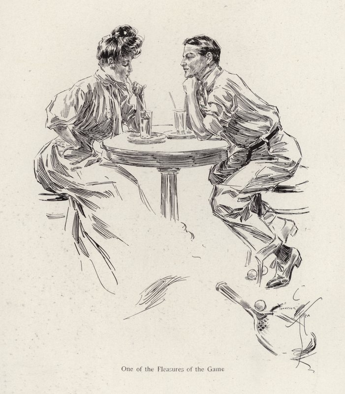 Couple having a drink after a tennis game by Harrison Fisher