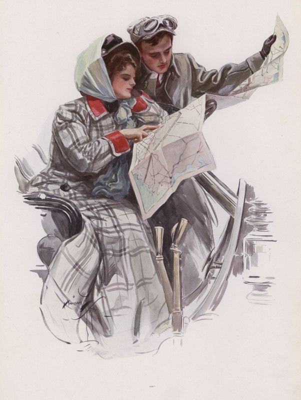 Man and Woman Reading a Map in a Car by Harrison Fisher