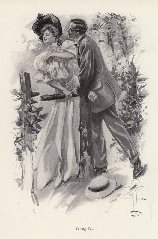 Man trying to steal a kiss from a young woman by Harrison Fisher