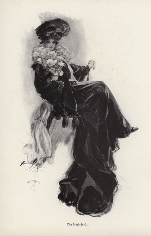 Portrait of a young woman in a long coat and gown by Harrison Fisher