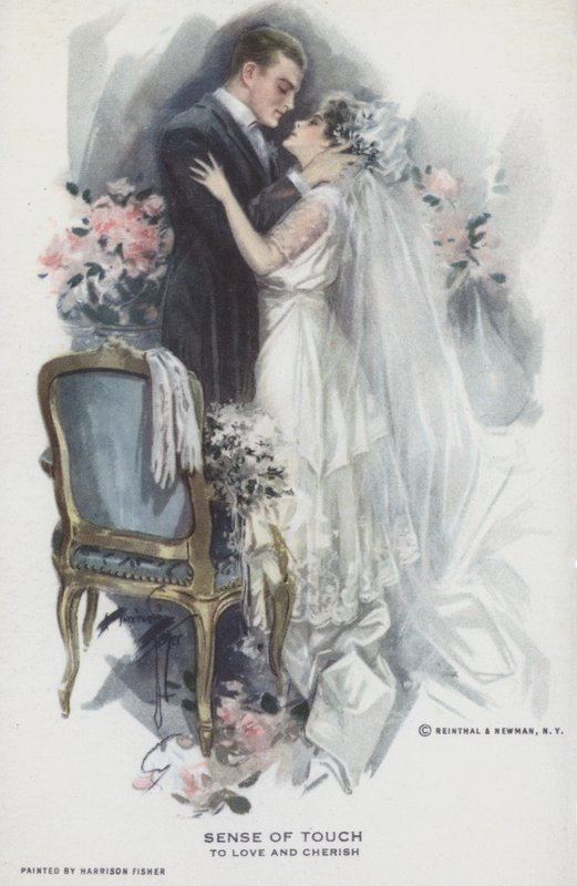 Sense of Touch - To Love and Cherish: Newly Married Couple Kissing by Harrison Fisher
