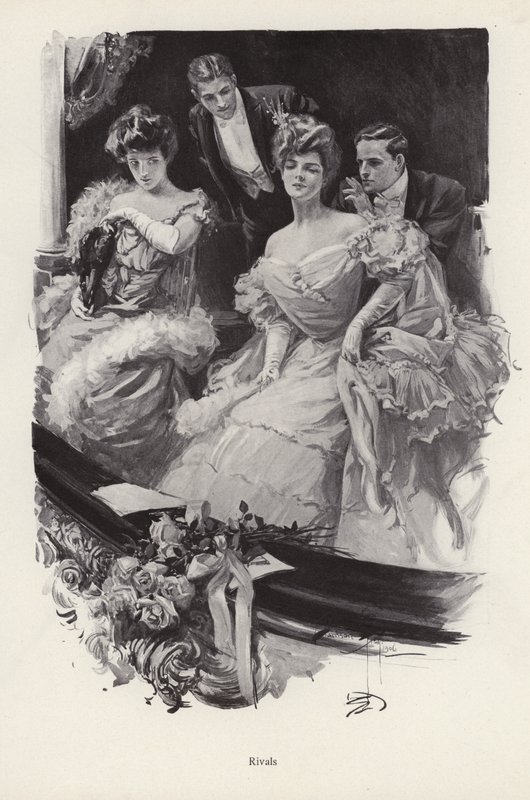 Two women in a box at the theatre in competition with each other for male attention by Harrison Fisher