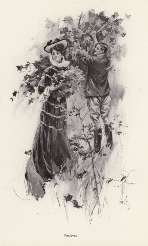 Woman picking flowers with a male admirer by Harrison Fisher