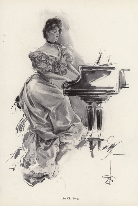 Woman playing a song on a piano by Harrison Fisher