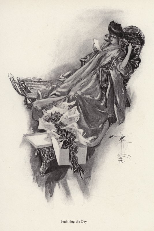 Woman receiving a bouquet of flowers from an admirer by Harrison Fisher