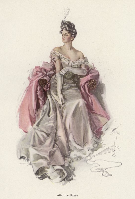 Woman wearing an evening gown after the dance by Harrison Fisher