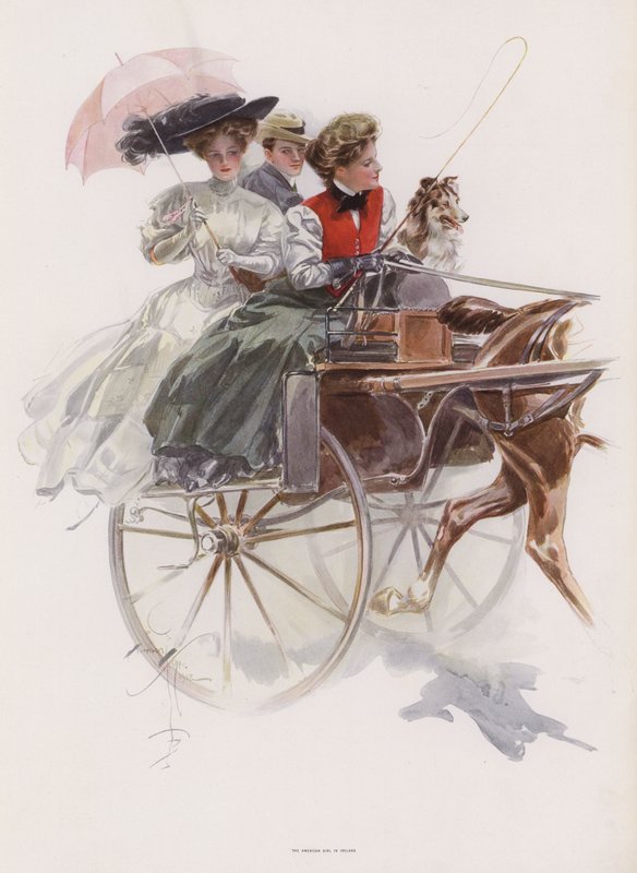 Young American woman riding in a gig or similar one horse carriage in Ireland by Harrison Fisher