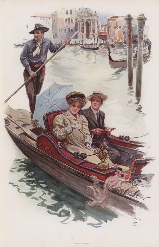 Young American woman taking a ride in a gondola, Venice by Harrison Fisher