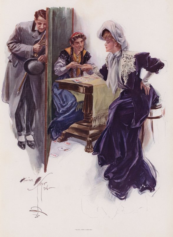 Young woman having her future told by a Gypsy by Harrison Fisher