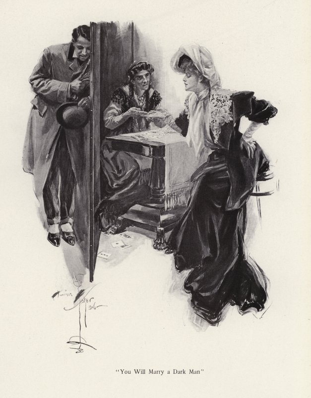 Young woman having her future told by a Gypsy by Harrison Fisher