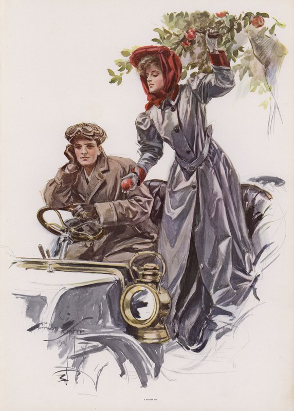 Young woman picking apples from inside a car by Harrison Fisher