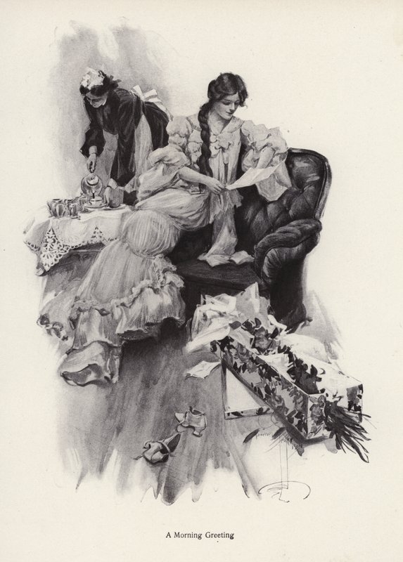 Young woman receiving a bouquet of flowers and a letter from an admirer by Harrison Fisher
