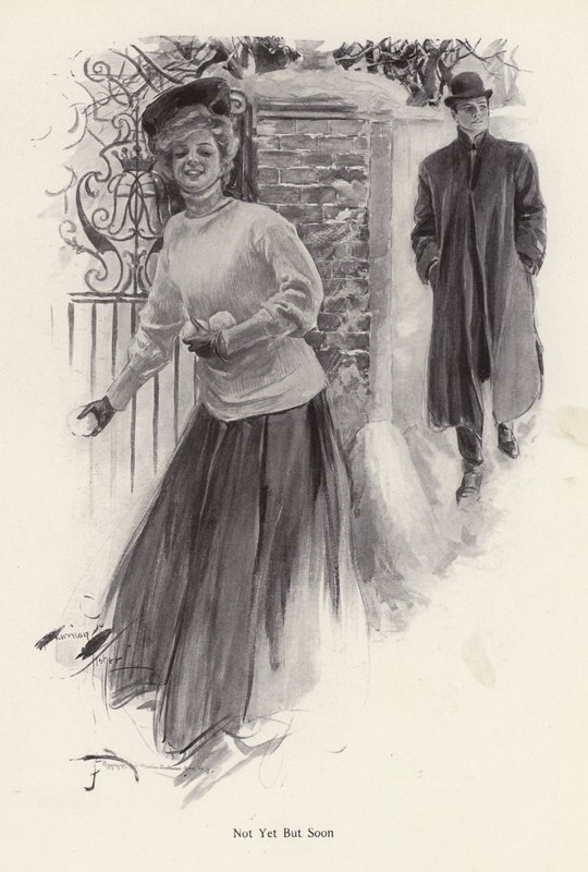 Young woman waiting to throw snowballs at a man by Harrison Fisher