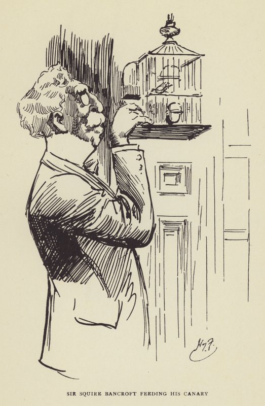 Sir Squire Bancroft feeding his canary by Harry Furniss
