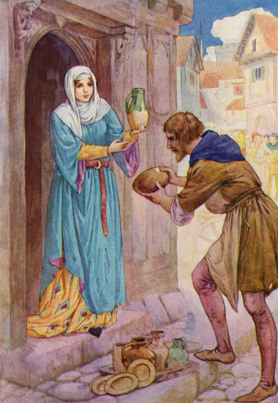 I bring these poor vessels as a present for Mistress de Rainault, said Robin to the serving woman by Harry George Theaker
