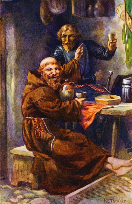 The Black Knight enjoys the hospitality of the jovial hermit by Harry George Theaker