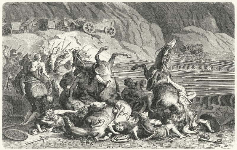 Romans deploying in phalanx formation against Thracian cavalry by Heinrich Leutemann