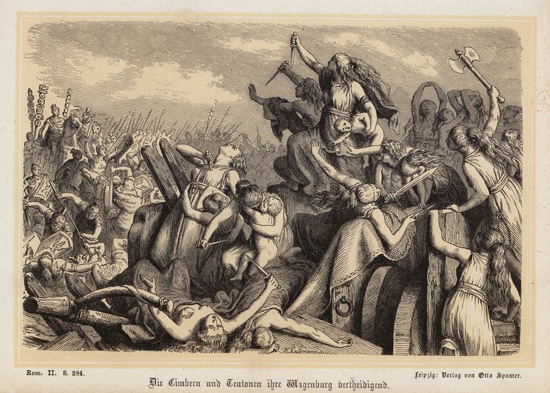 Women of the Cimbri and Teutones defending their baggage train against the Romans by Heinrich Leutemann