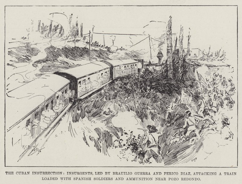 The Cuban Insurrection, Insurgents led by Brauilio Guerra and Perico Diaz attacking a Train loaded with Spanish Soldiers and Ammunition near Pozo Redondo by Henry Charles Seppings Wright