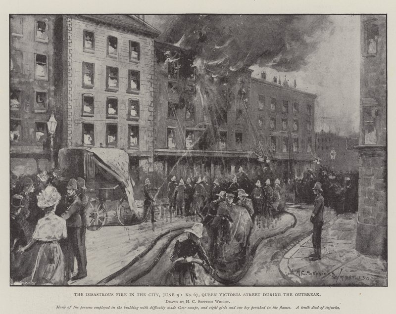 The Disastrous Fire in the City, 9 June, No 67, Queen Victoria Street during the Outbreak by Henry Charles Seppings Wright
