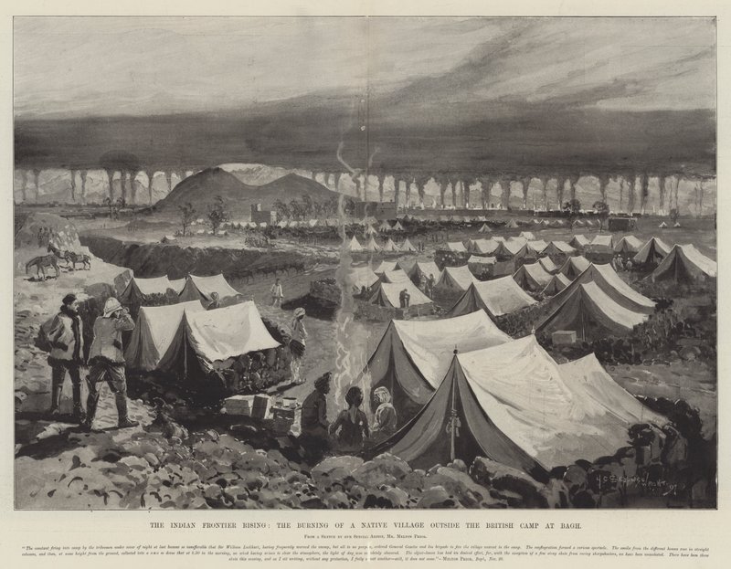 The Indian Frontier Rising, the Burning of a Native Village outside the British Camp at Bagh by Henry Charles Seppings Wright