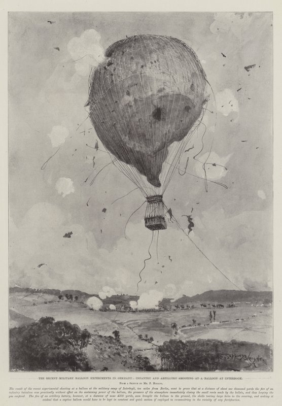 The Recent Military Balloon Experiments in Germany, Infantry and Artillery shooting at a Balloon at Interbogk by Henry Charles Seppings Wright