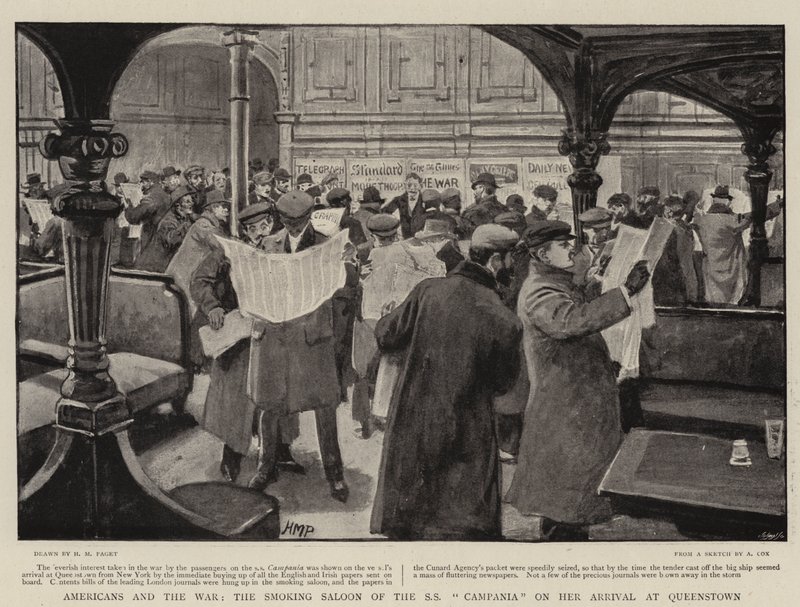 Americans and the War, the Smoking Saloon of the SS Campania on Her Arrival at Queenstown by Henry Marriott Paget