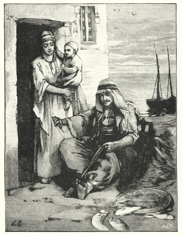 A Fisherman Mending His Nets, Sea of Tiberias (lithograph) by Henry Andrew Harper