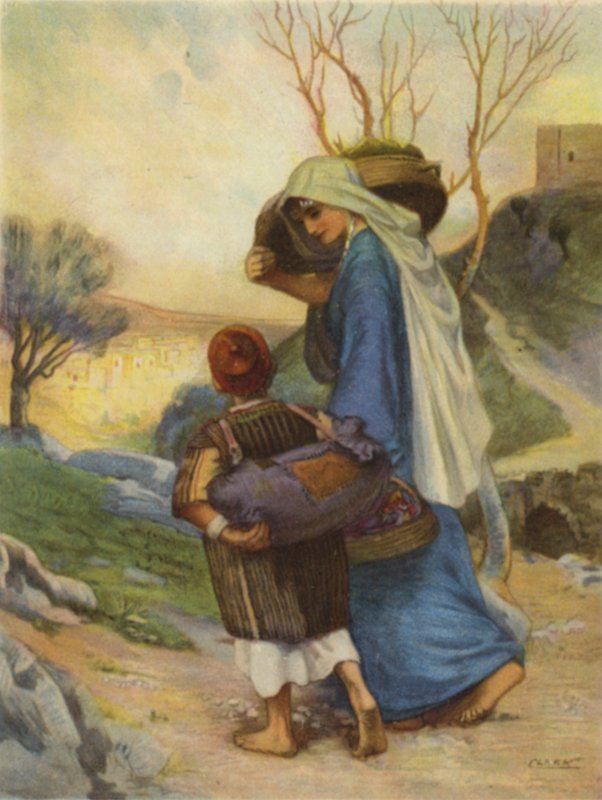 Woman of Siloam Taking Home Food (colour litho) by Henry Andrew Harper